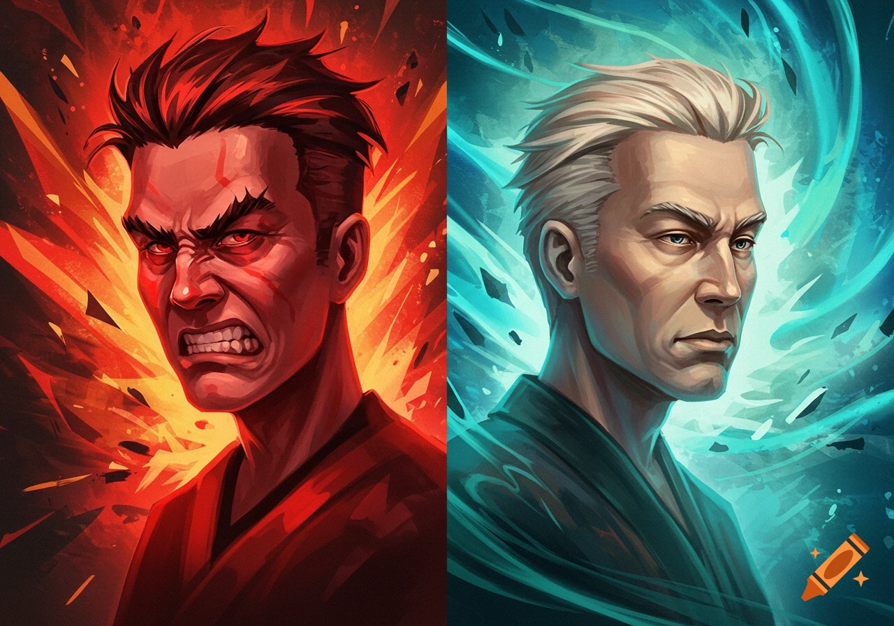 Split image of two stylized male portraits: an angry red man with fire on the left, and a calm man with white hair and blue energy on the right.