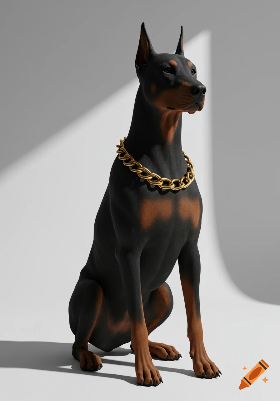 A 3D rendered Doberman dog with cropped ears and a gold chain, sitting on a white background with a spotlight.