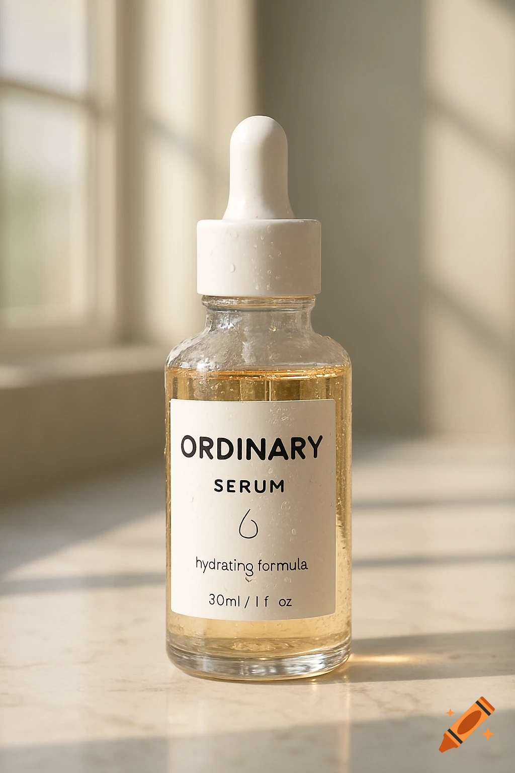 Close-up of a clear glass bottle labeled 'Ordinary Serum' with a white dropper, on a marble surface in natural light.