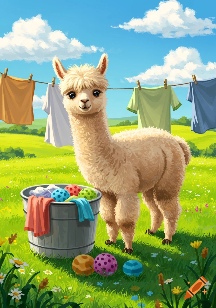 A fluffy alpaca in a sunny green field stands by a laundry bucket with dryer balls and clothes drying on a line. Illustrated.