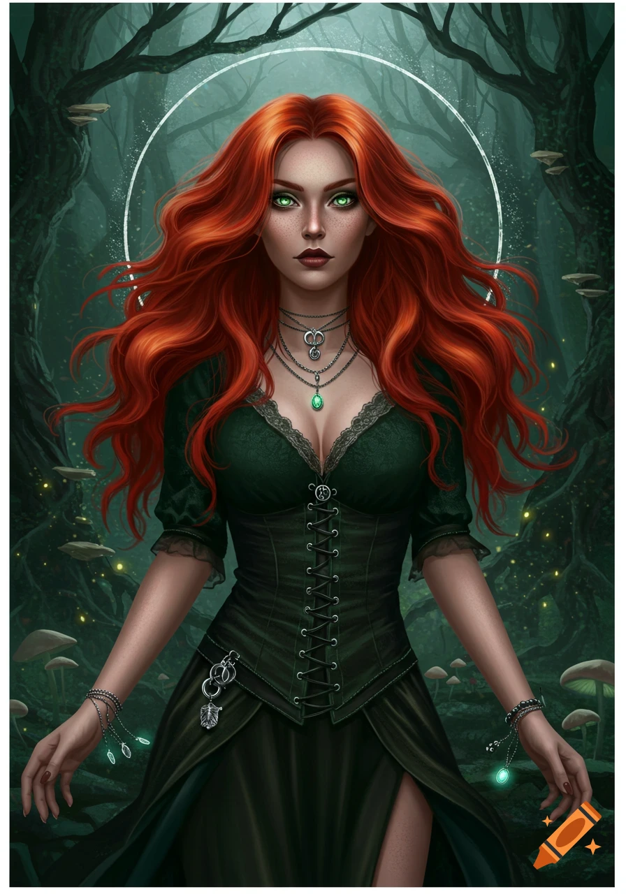 A haunting digital painting of a red-haired witch with green eyes, in a dark green dress, standing in an ethereal forest with glowing mushrooms.