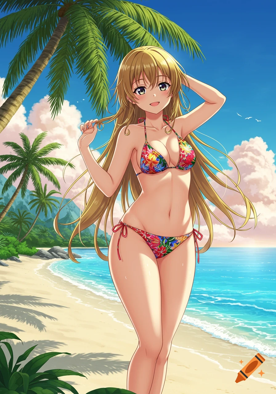 Anime woman in a colorful bikini smiles on a sunny tropical beach with palm trees.