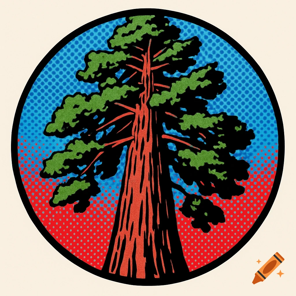 Roy Lichtenstein style logo of a redwood tree in a circular frame with blue and red halftone dots.