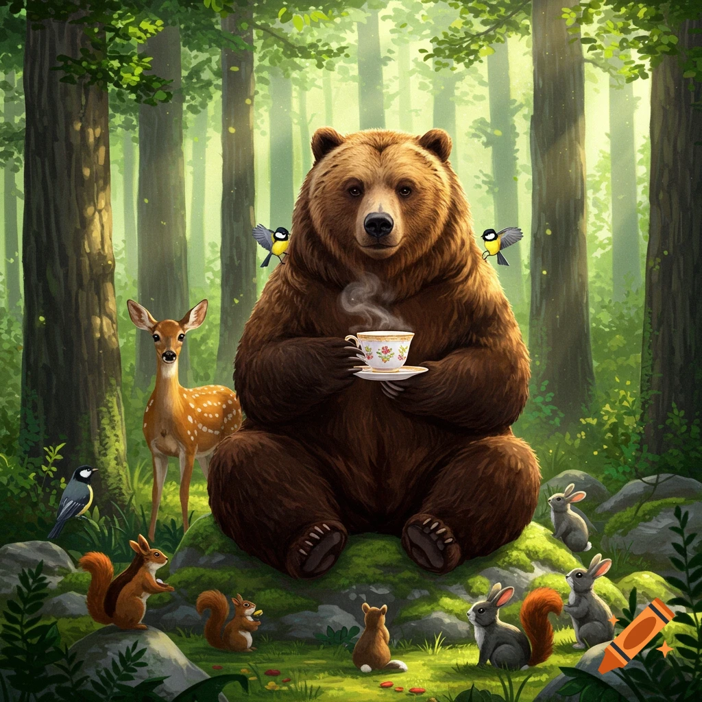 A friendly brown bear sips tea in a whimsical forest clearing, surrounded by deer, squirrels, bunnies, and birds.