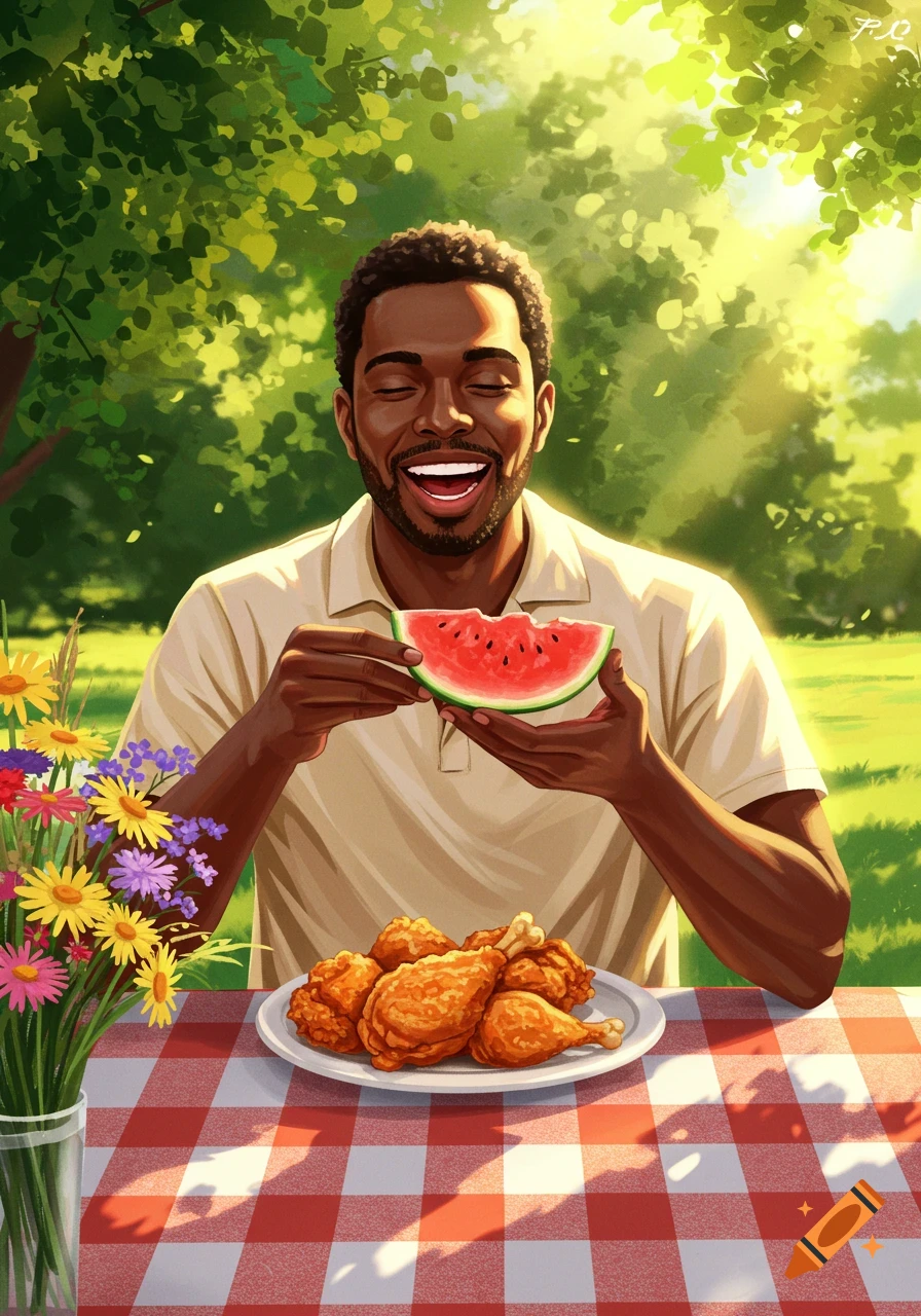 Illustration of a Black man with a large afro eating fried chicken and  drinking Kool-Aid at a picnic. on Craiyon, image size:896x1280