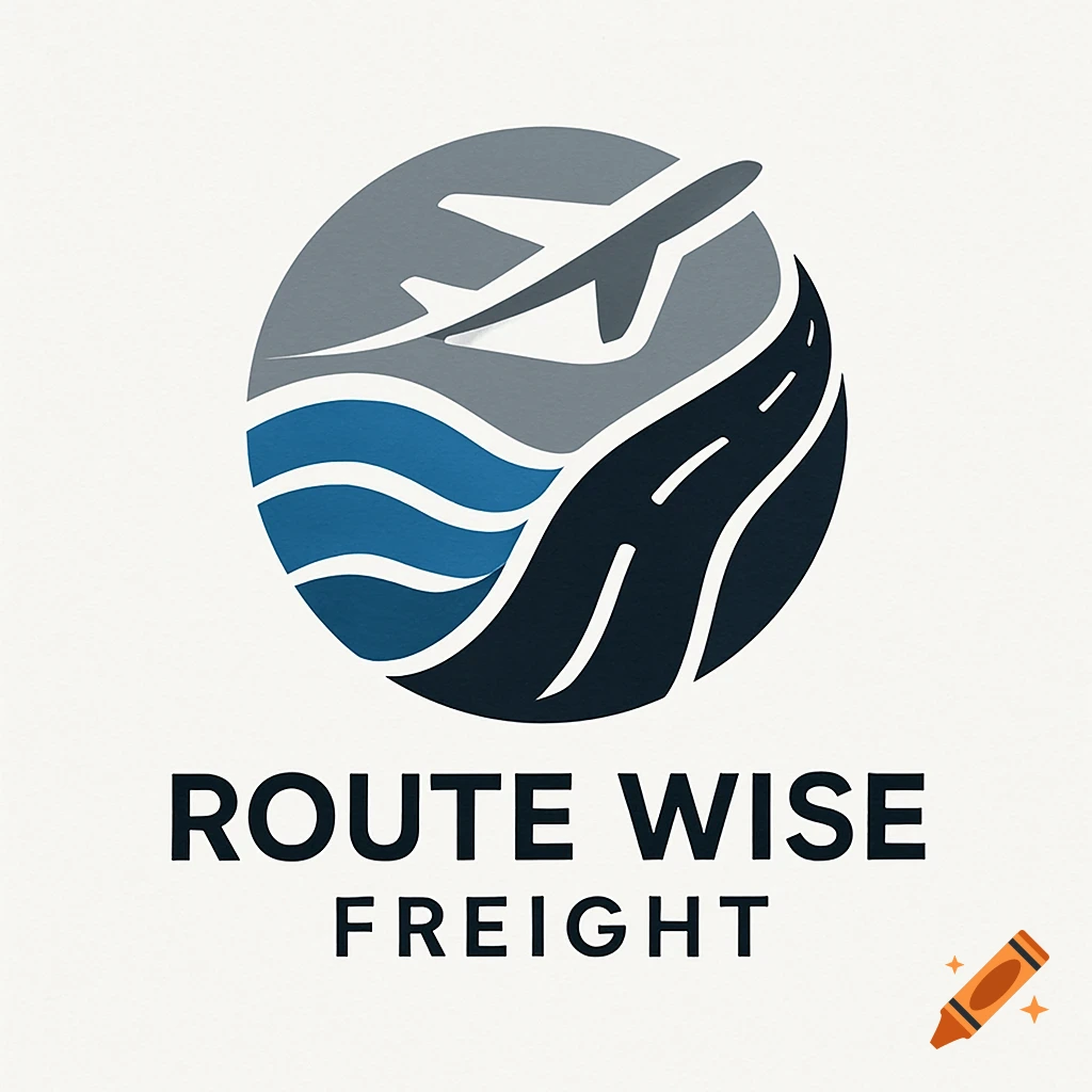 Logo for Route Wise Freight with an airplane, sea waves, and a road within a circular emblem, representing air, sea, and road freight.