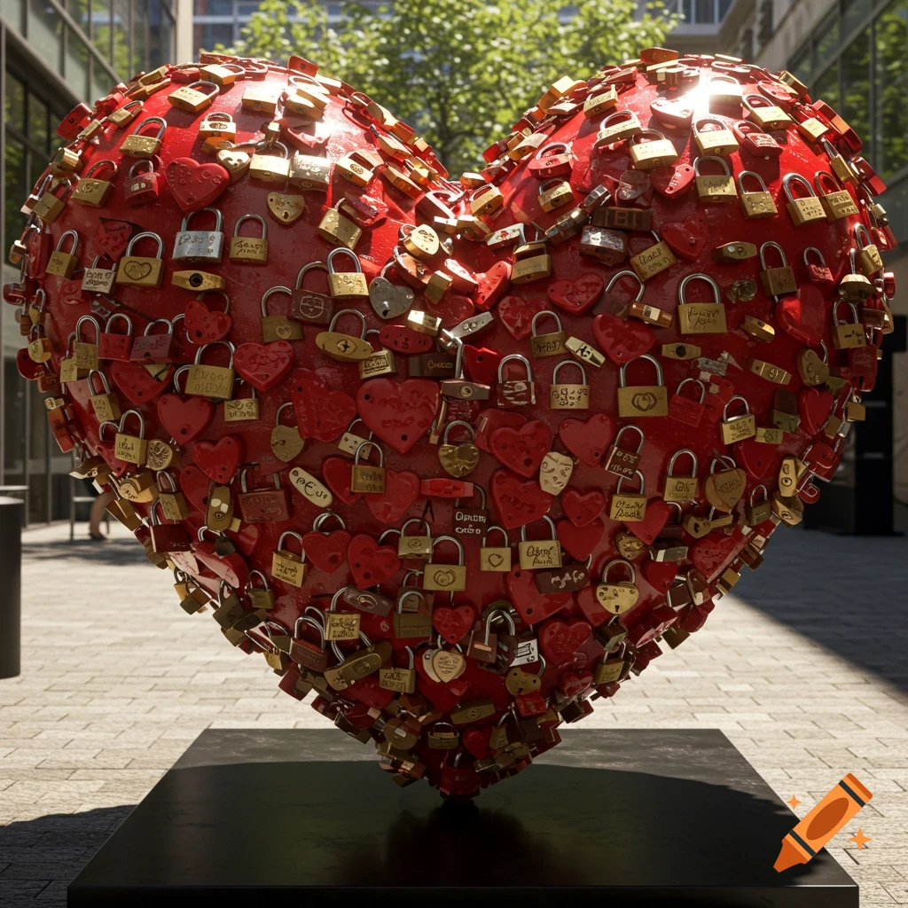 Hyper-realistic photograph of a large red heart sculpture covered in many metallic padlocks of various shapes.