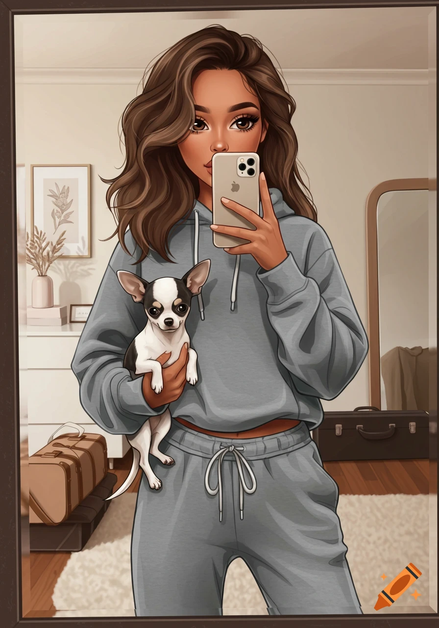Cartoon illustration of a young woman in a gray tracksuit holding a chihuahua, taking a mirror selfie in a neutral-toned room.