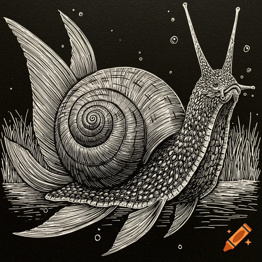 Detailed linocut illustration of a snail with fish fins and a large spiral shell against a dark background, surrounded by grass.