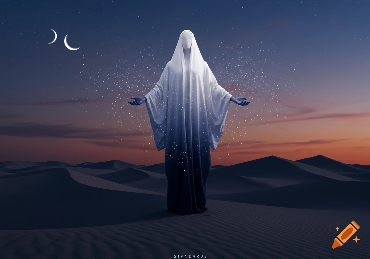 A robed, faceless figure emitting sparkling light stands in a dark desert under a starry, crescent-moonlit sky at twilight.