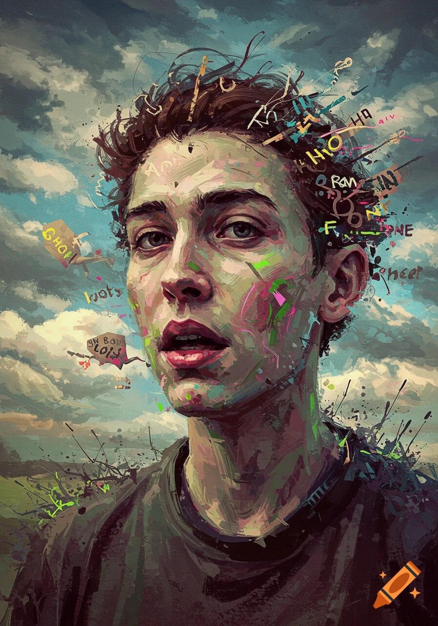 Stylized, colorful painting of a young man with messy hair and expressive eyes, surrounded by abstract letters and paint splatters.