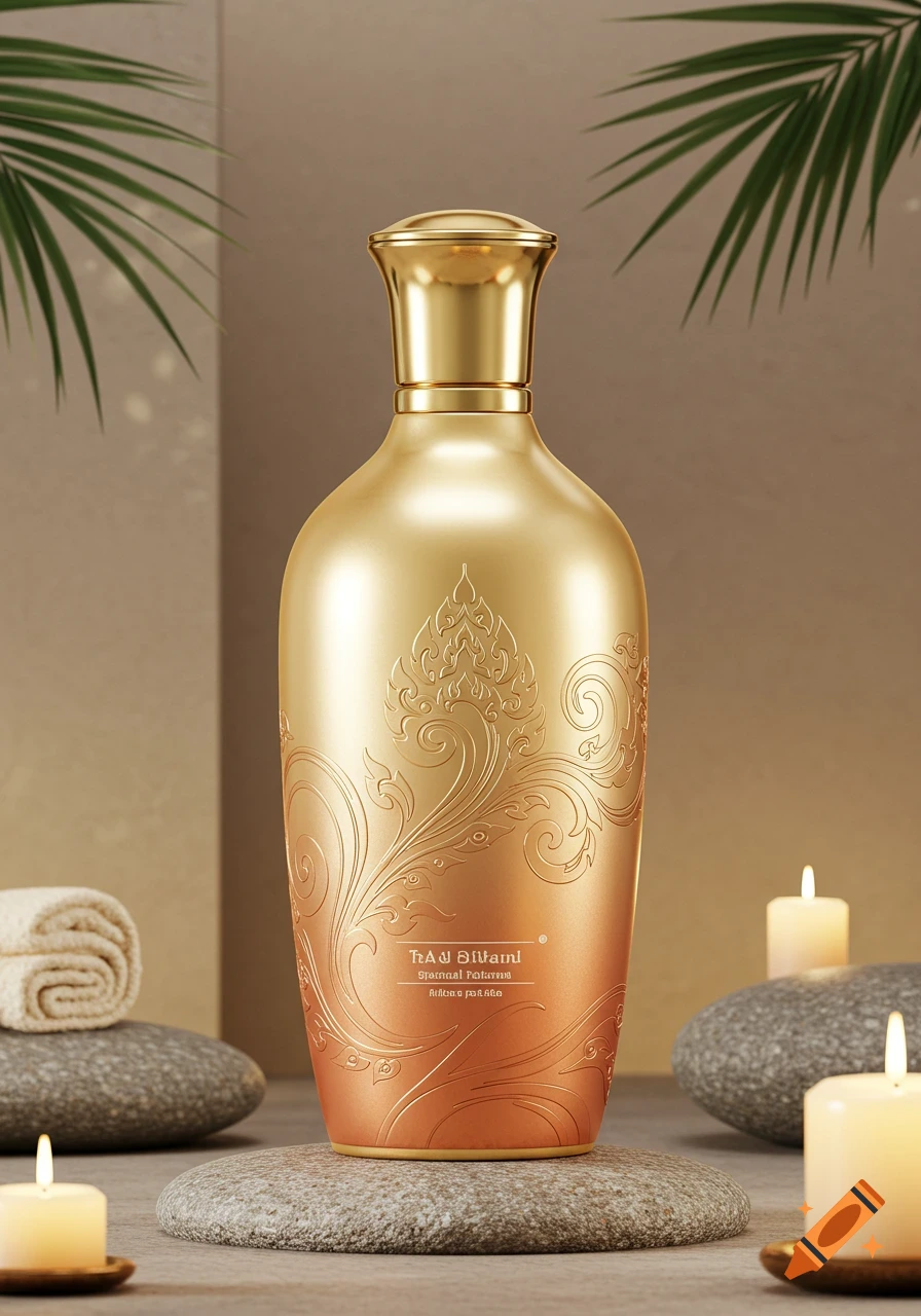 Luxurious golden bottle with Thai-style patterns, surrounded by spa stones, towels, lit candles, and palm leaves.
