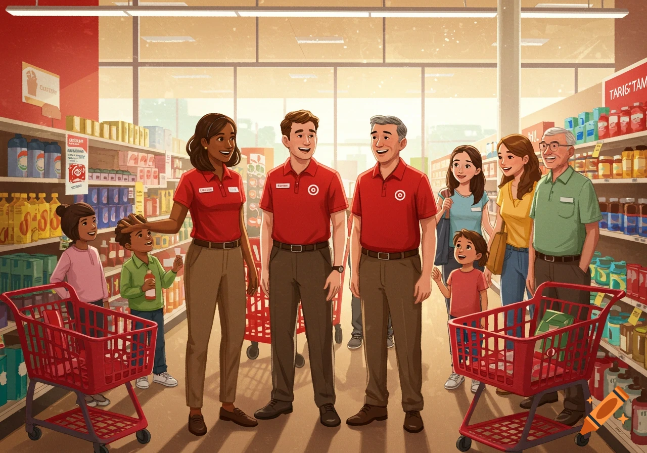 Two smiling Target employees in red shirts stand in a grocery aisle with several happy shoppers, including families with children pushing red shopping carts. Illustrated style.