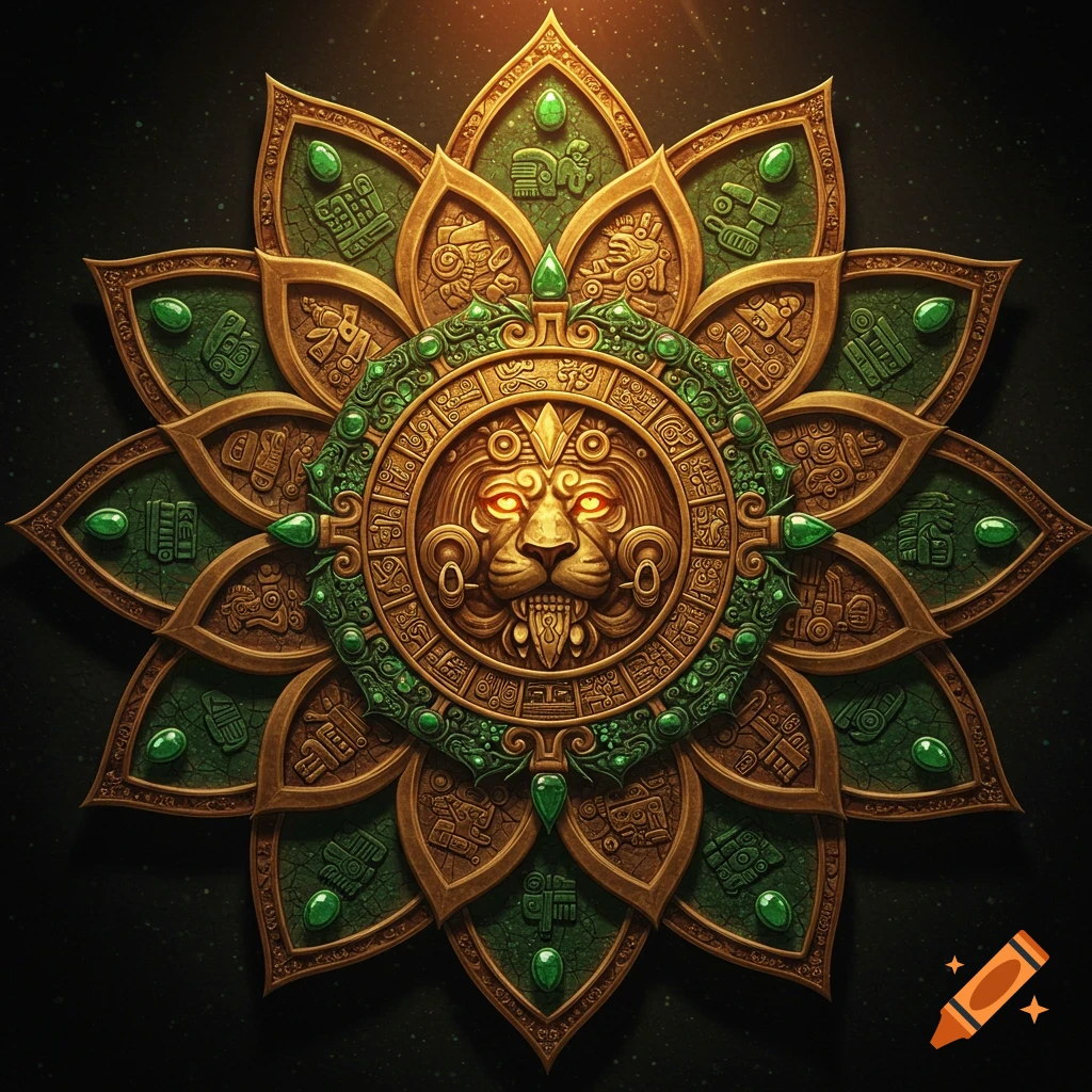 Intricate golden and green Aztec calendar in a flower shape with a fierce lion face at its center.