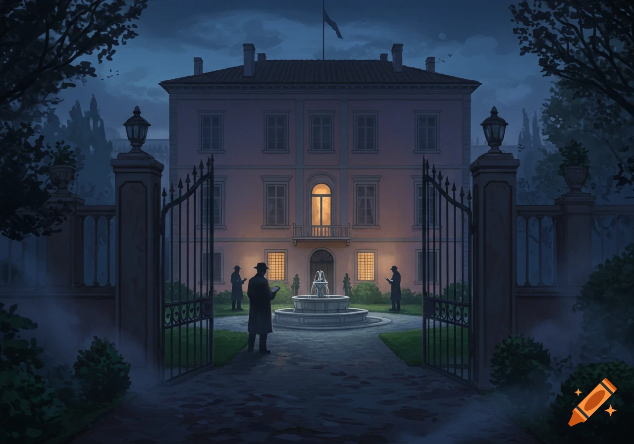 An atmospheric illustration of detectives in trench coats and fedoras observing a grand pink villa with a fountain at dusk, framed by open iron gates.