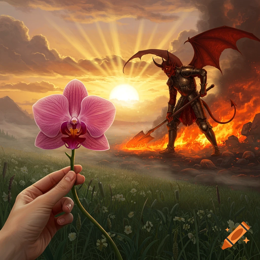 A hand holds a pink orchid in a meadow at sunrise, with a red devil in armor shoveling fire in the distance.