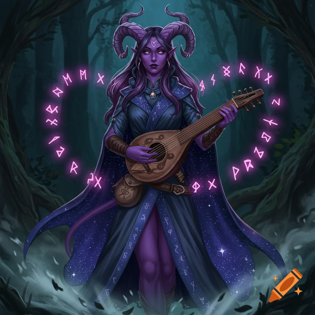 A purple-skinned Tiefling bard with horns and a starry cloak plays a lute, surrounded by glowing pink runes in a dark forest.