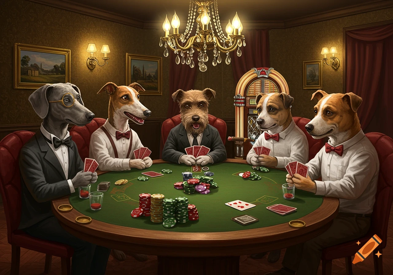 Five anthropomorphic dogs in suits and bow ties play poker at a green table in a lavish room.