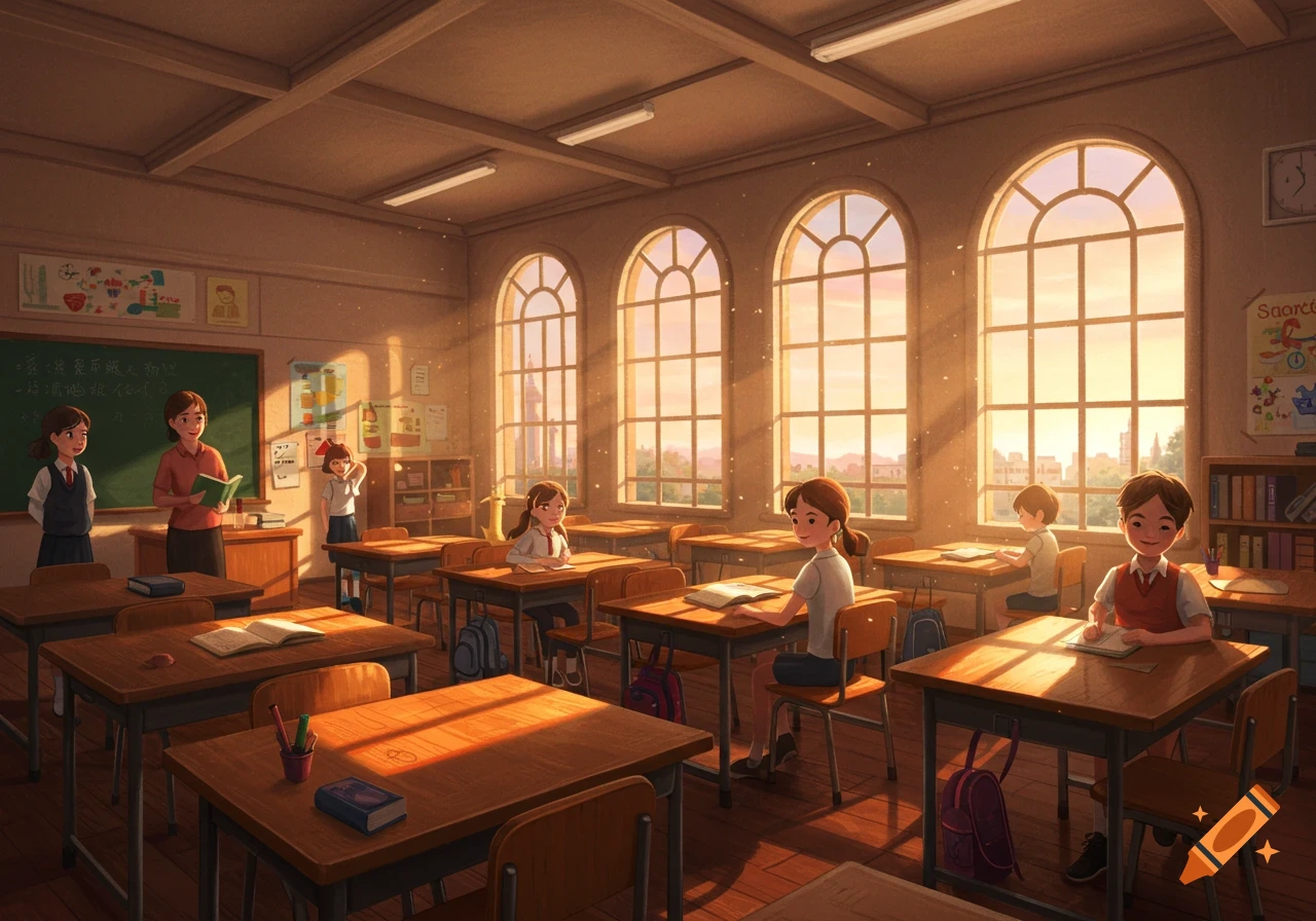 Students and a teacher in an anime-style classroom filled with warm sunlight from large arched windows.