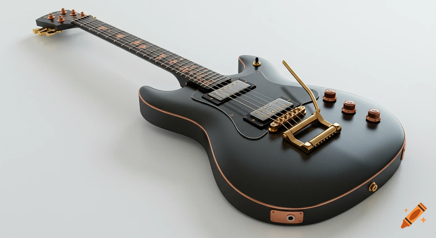 A sleek, futuristic black electric guitar with copper and gold accents, against a white background.