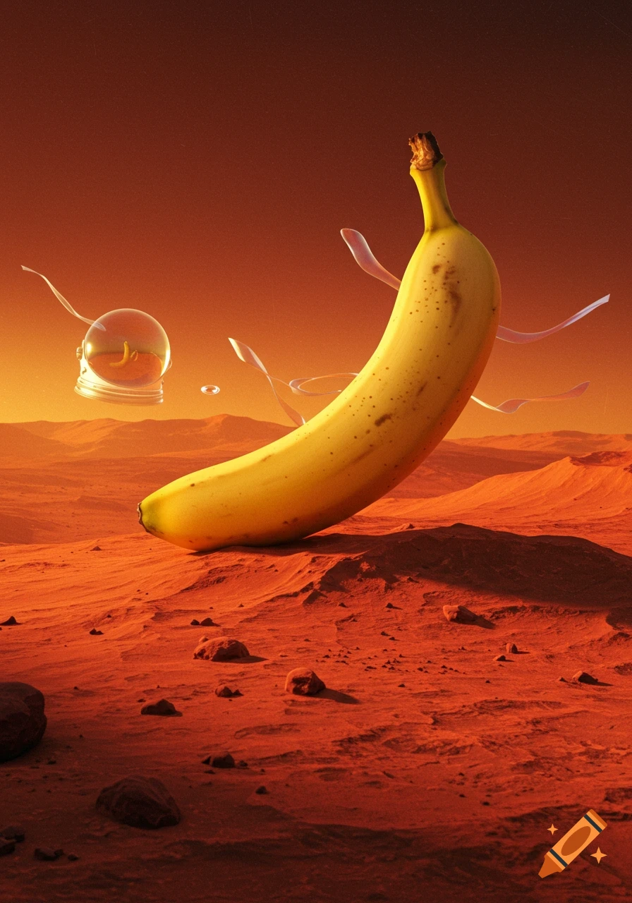 A giant banana on Mars's red landscape, with a small astronaut helmet containing a tiny banana under an orange sky.
