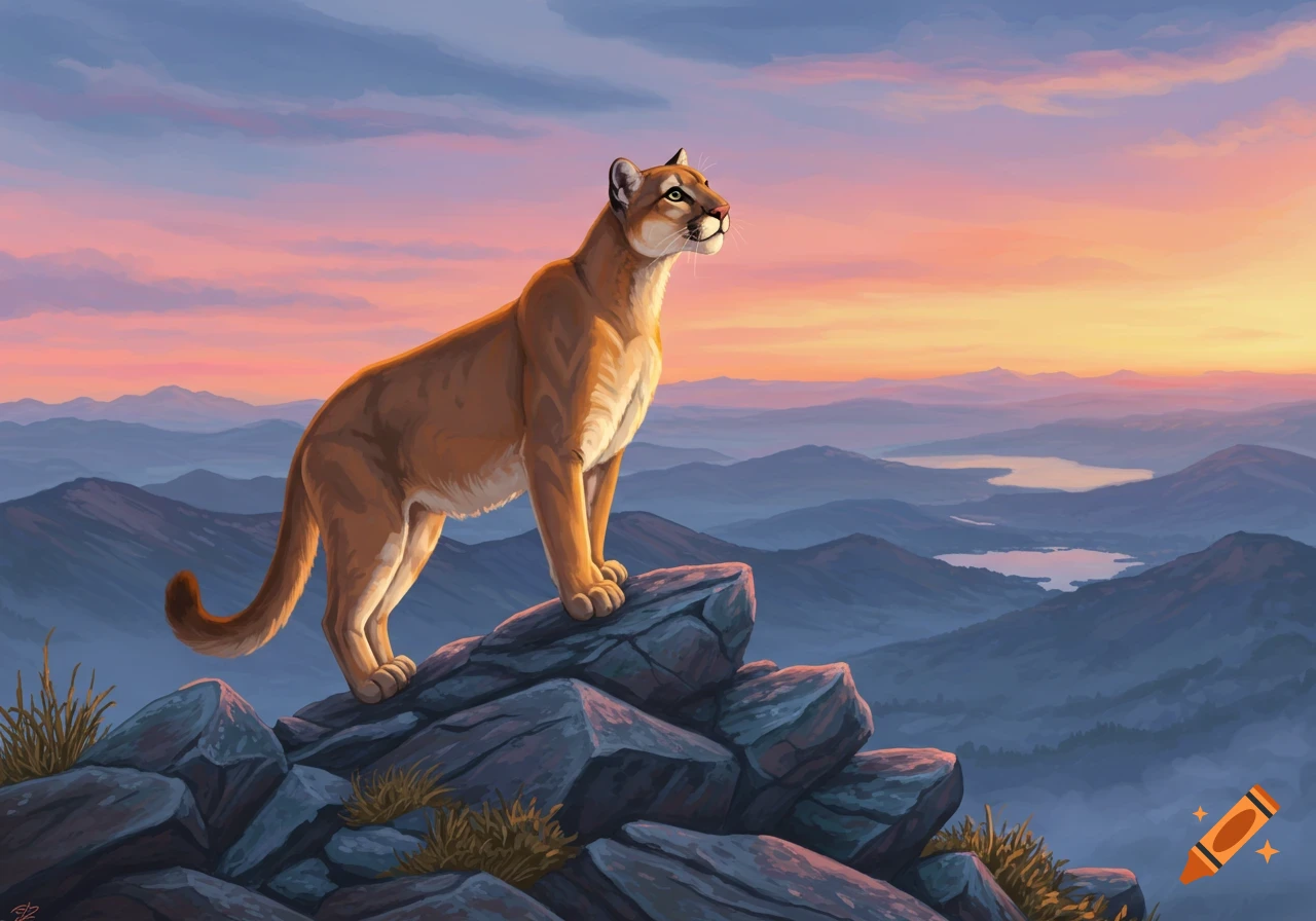 A graceful puma stands on a rocky mountain peak, looking out over a vast mountain range and lakes at sunset in a digital painting style.