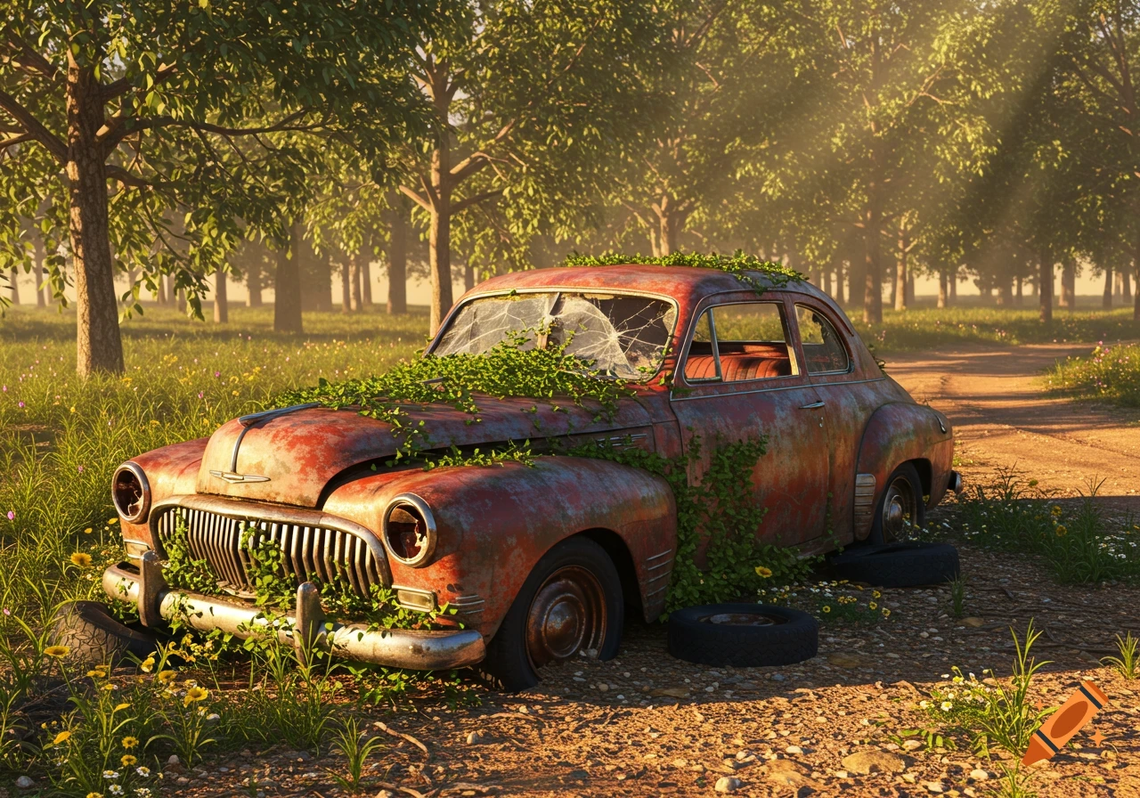 A rusty, overgrown vintage car with a shattered windshield and flat tires sits in a sunlit grassy field surrounded by trees.