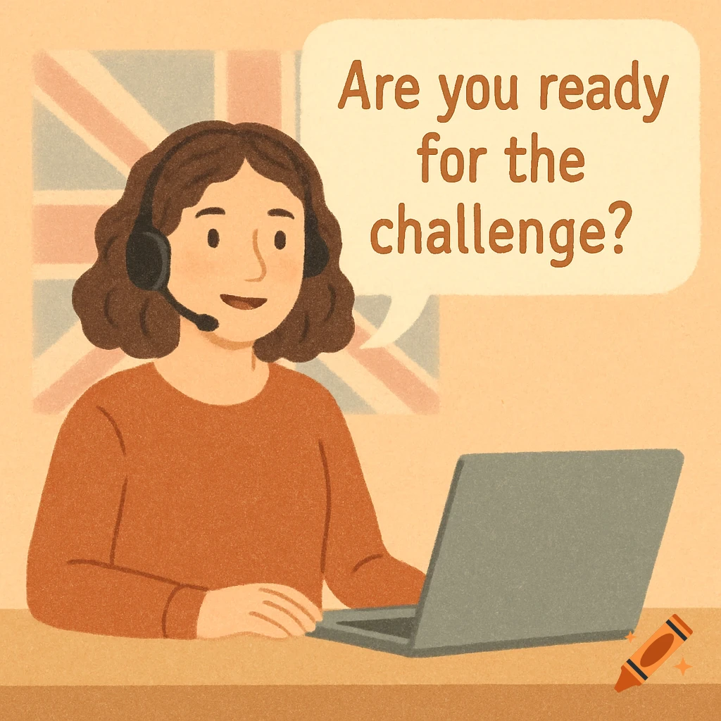 A friendly cartoon female teacher with a headset sits at a laptop. A speech bubble reads 'Are you ready for the challenge?'