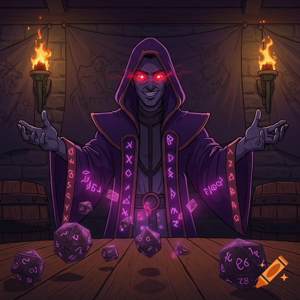 A cartoon dungeon master in a purple robe with glowing red eyes, gesturing over several glowing dice on a wooden table.