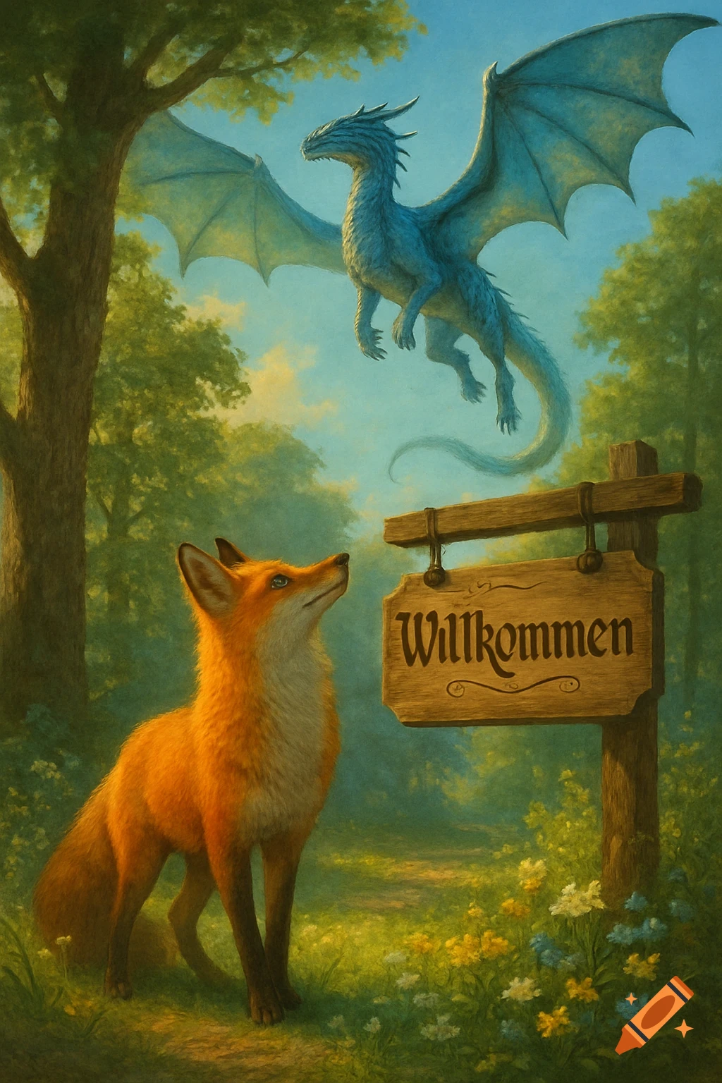 A fox looks up at a flying blue dragon in a sunlit forest, next to a wooden 'Willkommen' sign.