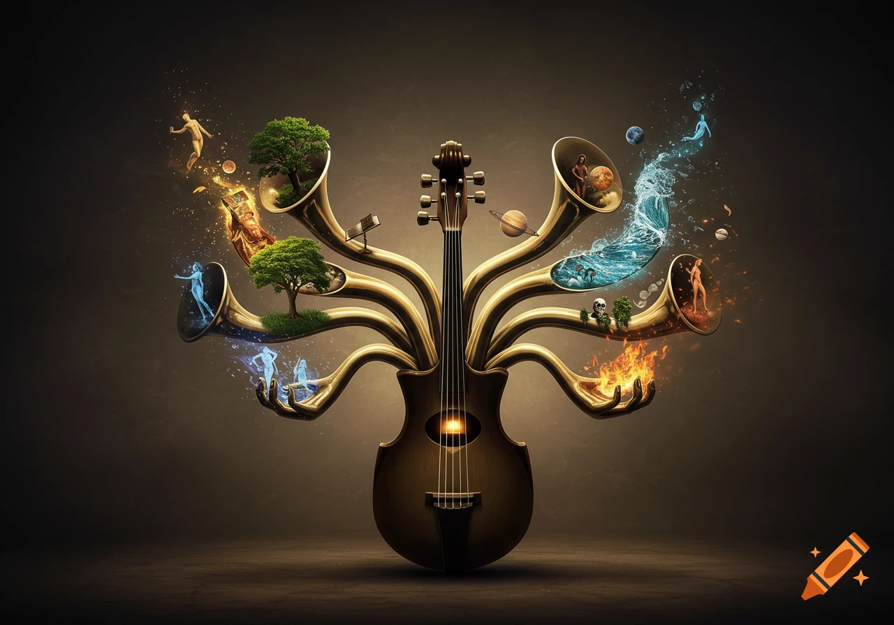 Photorealistic image of a dark violin-like instrument with golden horns emerging, each releasing trees, planets, water, fire, and glowing figures.