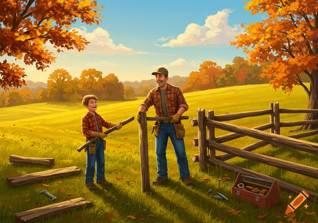An illustrated scene of a father and son building a rustic wooden fence in a sunny autumn field.