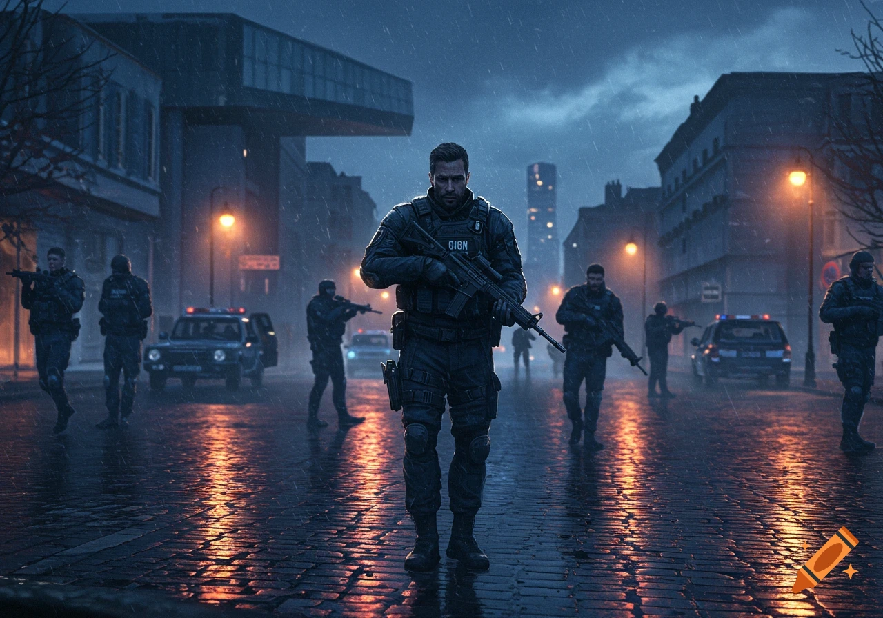 Armed special forces officers in tactical gear stand in a rain-slicked city street at night, illuminated by streetlights and police car lights, photorealistic style.