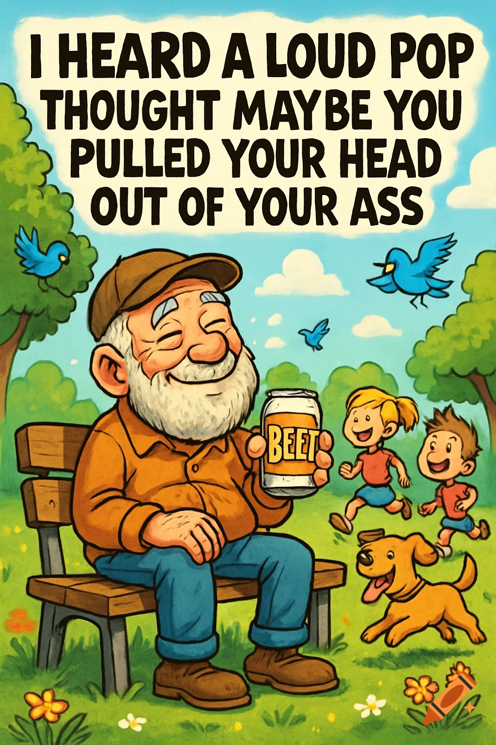A cartoon depicts a smiling old man with a beard on a park bench, holding a can labeled "BEET." Two children and a dog run past in the grassy park. A caption reads: "I HEARD A LOUD POP THOUGHT MAYBE YOU PULLED YOUR HEAD OUT OF YOUR ASS."