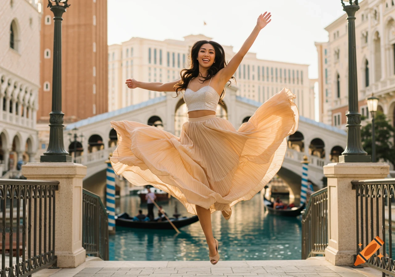 A joyous young woman jumps in the air on a bridge, her pleated skirt billowing, with a Venetian-themed canal and buildings in the background.