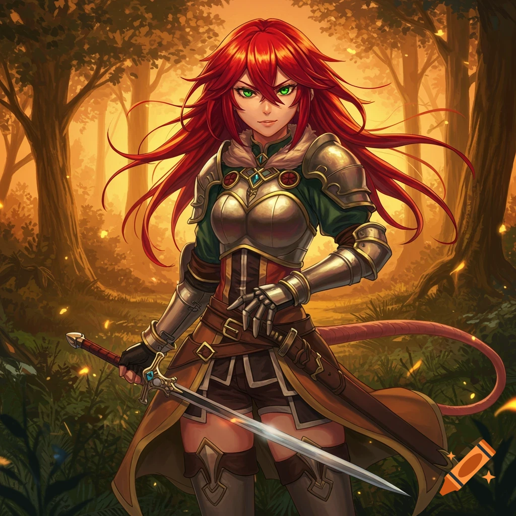 Anime-style red-haired warrior woman with green eyes, armor, a sword, and a tail, standing in a golden forest.