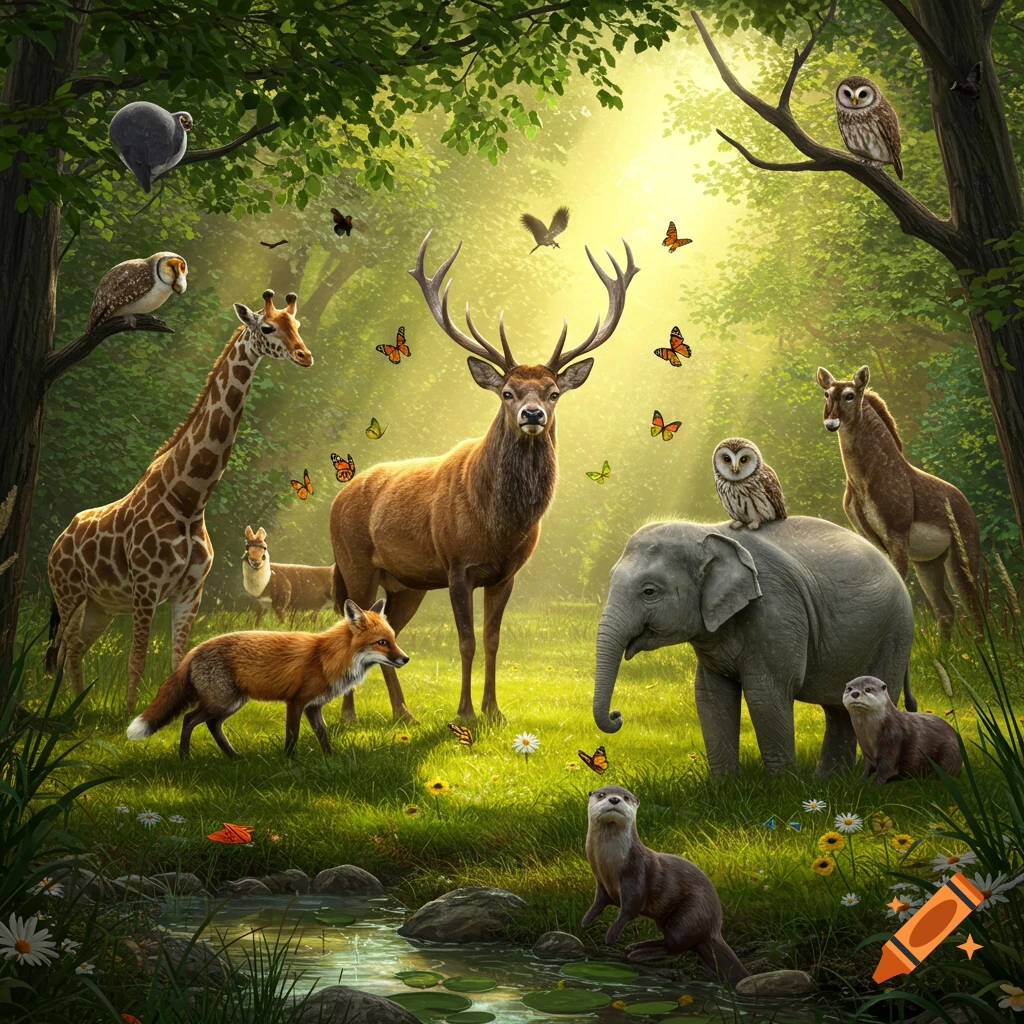 Various wild animals like deer, giraffe, fox, elephant, and owls gather in a lush, sunlit forest clearing with a small pond. Photorealistic.