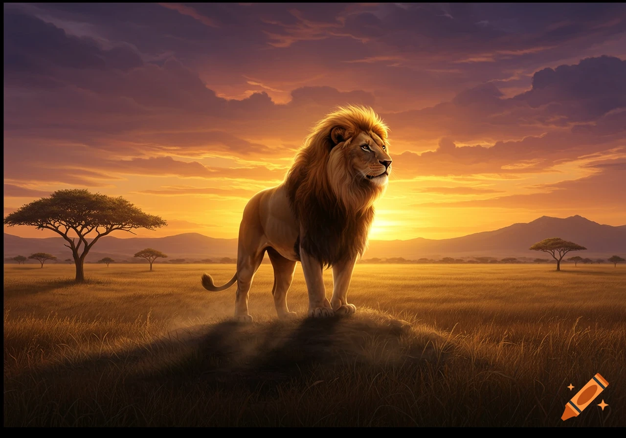 A majestic male lion stands on a mound in a golden savanna at sunset, with acacia trees and mountains in the background.