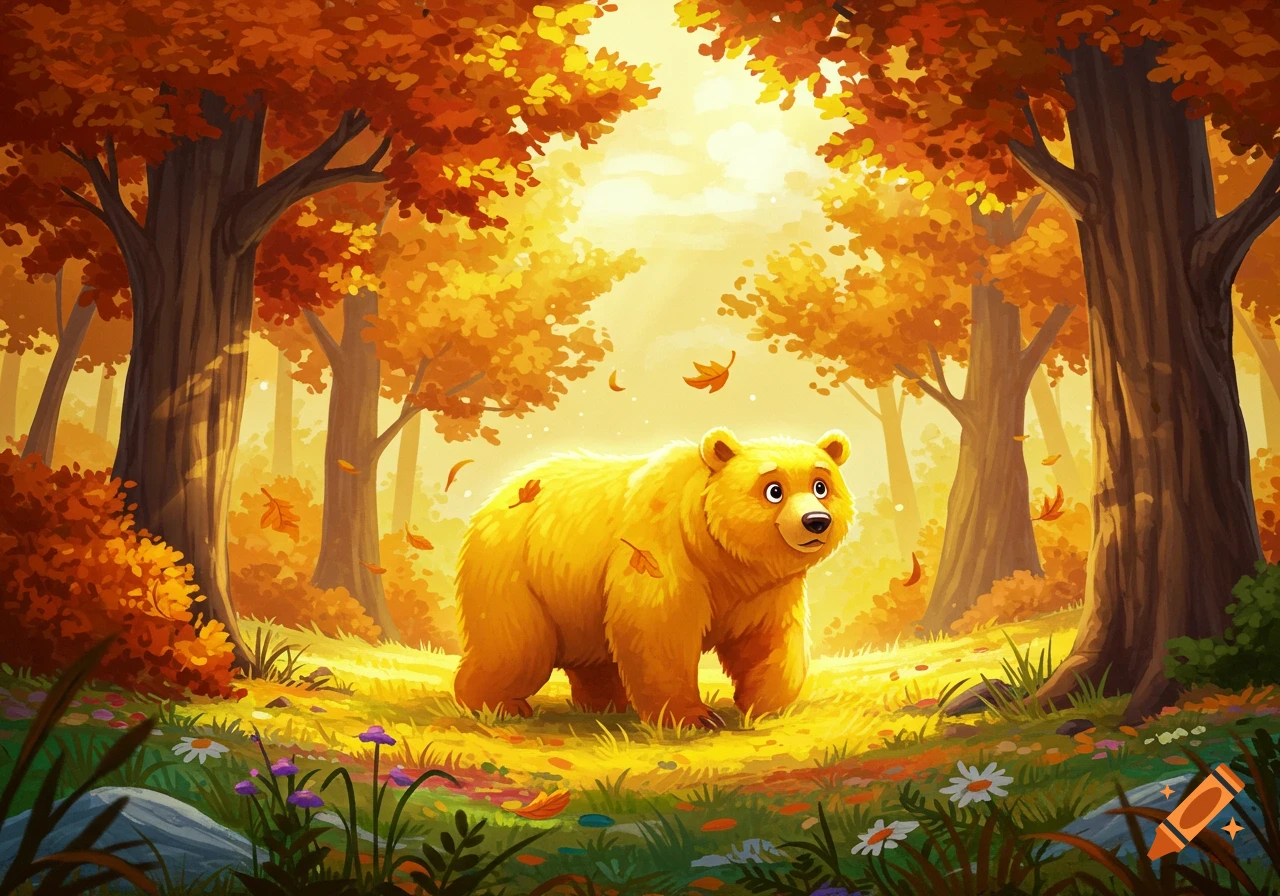 Cartoonish yellow bear stands in a sunlit autumn forest with falling orange leaves and wildflowers, illustration style.
