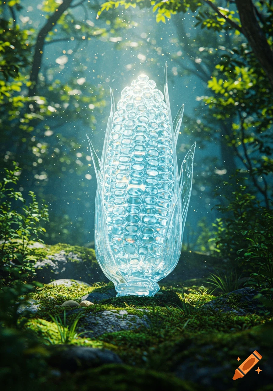 A glowing, crystalline corn cob stands on a mossy forest floor, bathed in sunlight and sparkling motes.