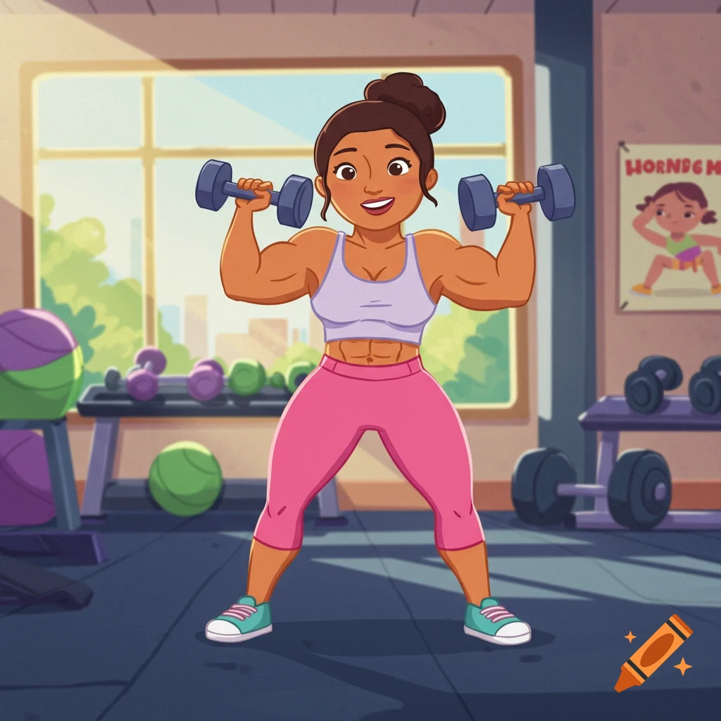 A cartoon woman with muscles, wearing a sports bra and pink pants, lifts dumbbells in a gym.