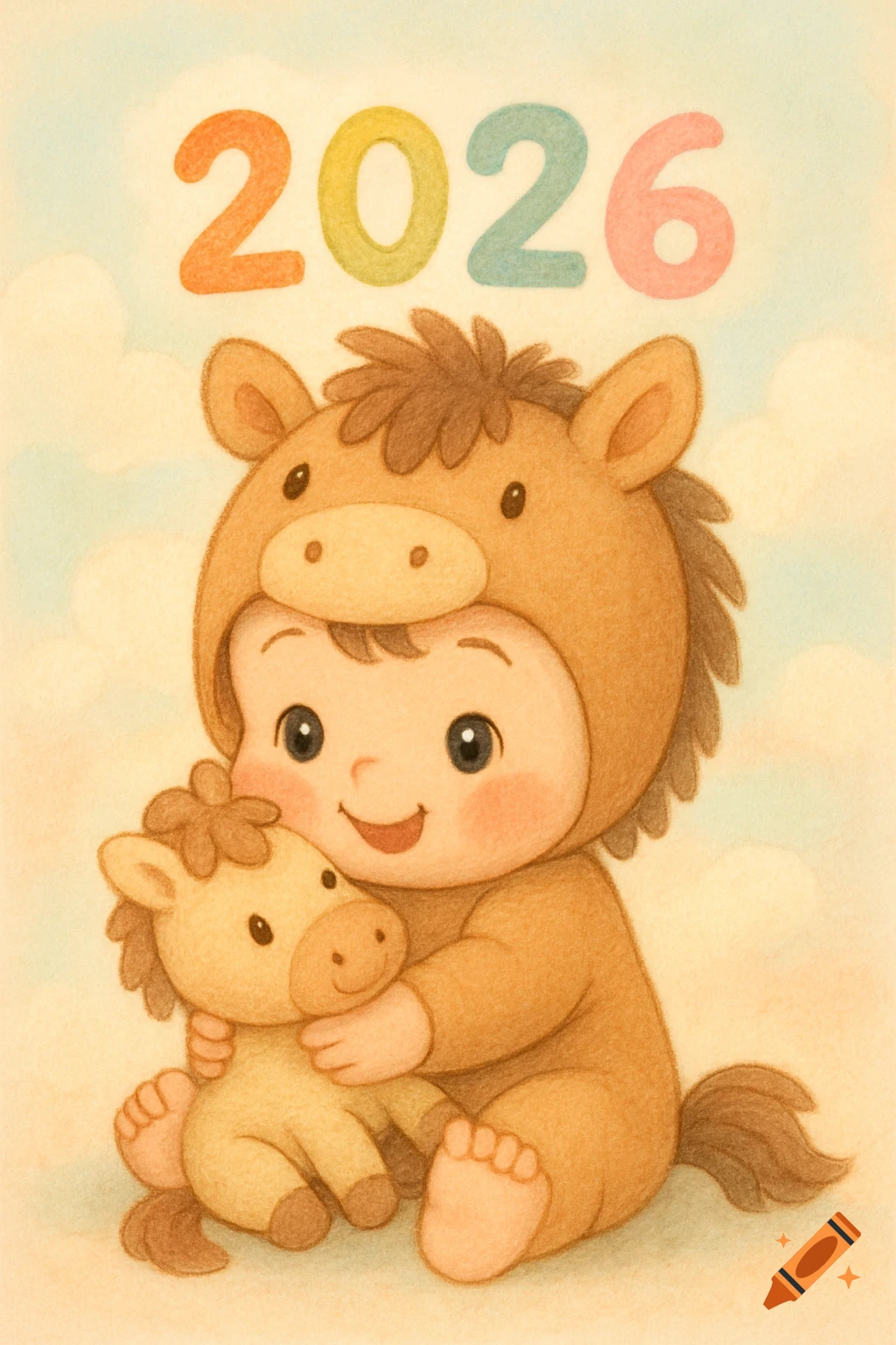 Cute pastel illustration of a baby in a horse costume hugging a toy horse, with '2026' above.
