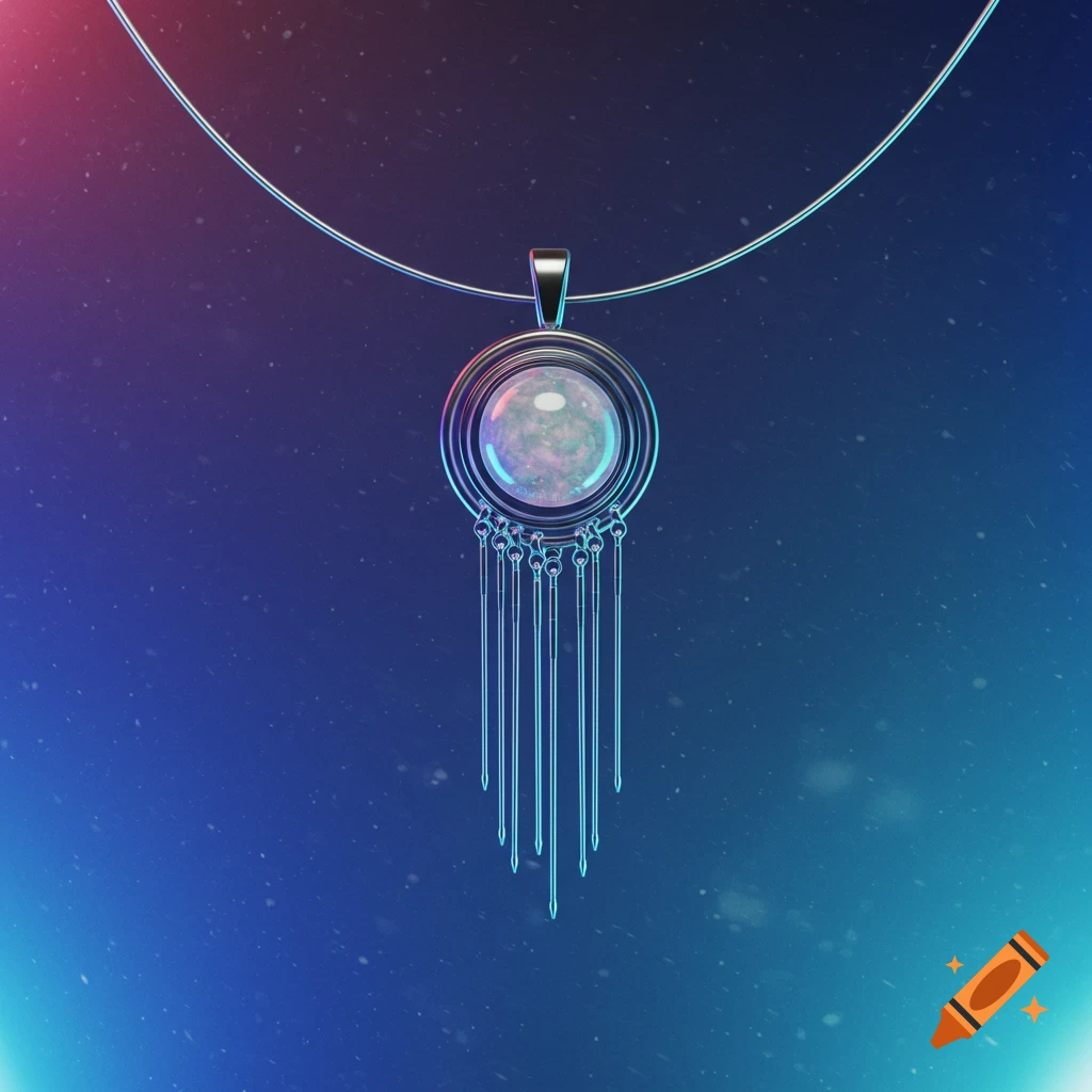A minimalist sci-fi pendant with an iridescent gem hangs from a wire against a blue and purple starry background.