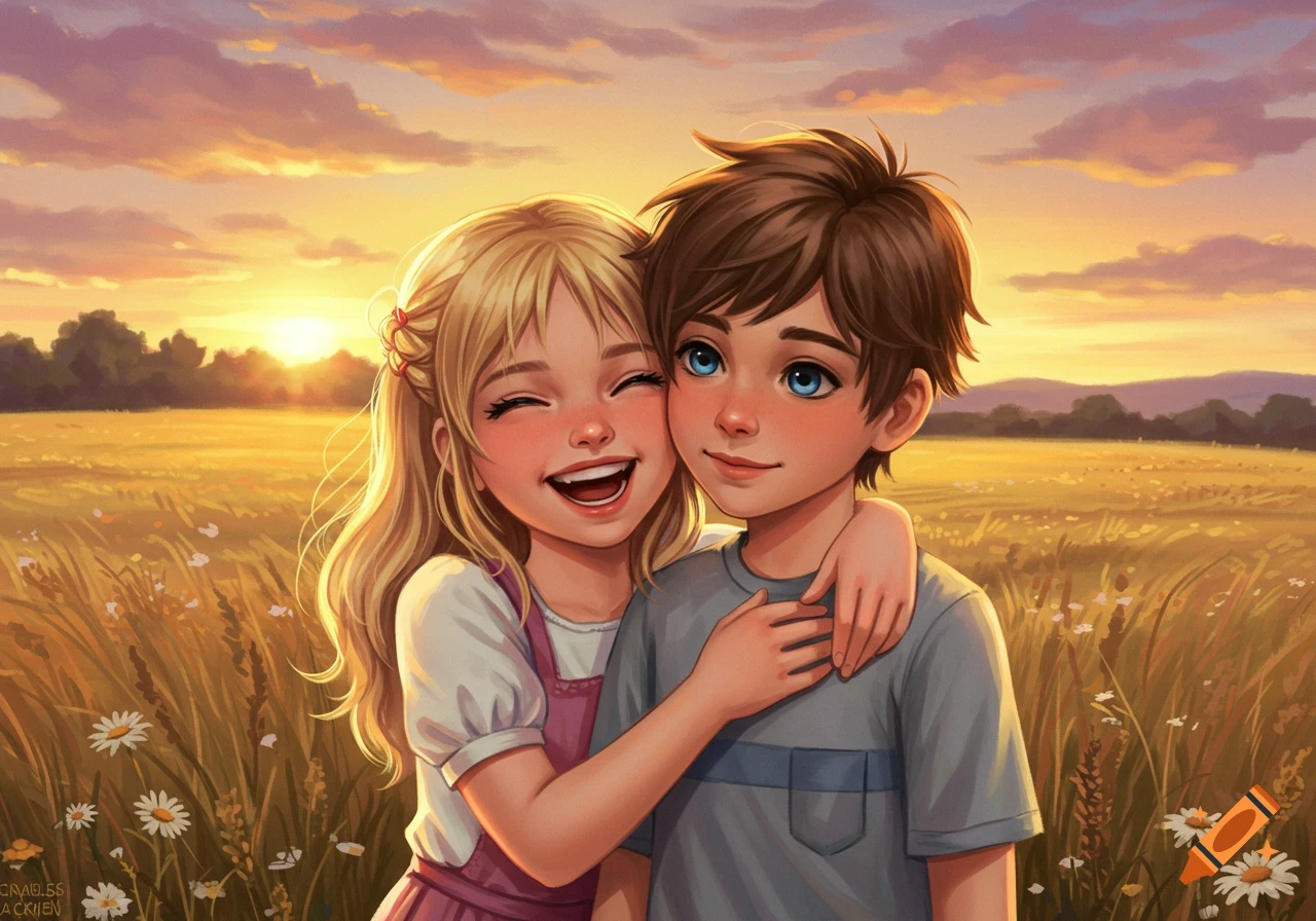 Cartoon boy and girl hugging in a sunlit field at sunset. on Craiyon, image size:1280x896