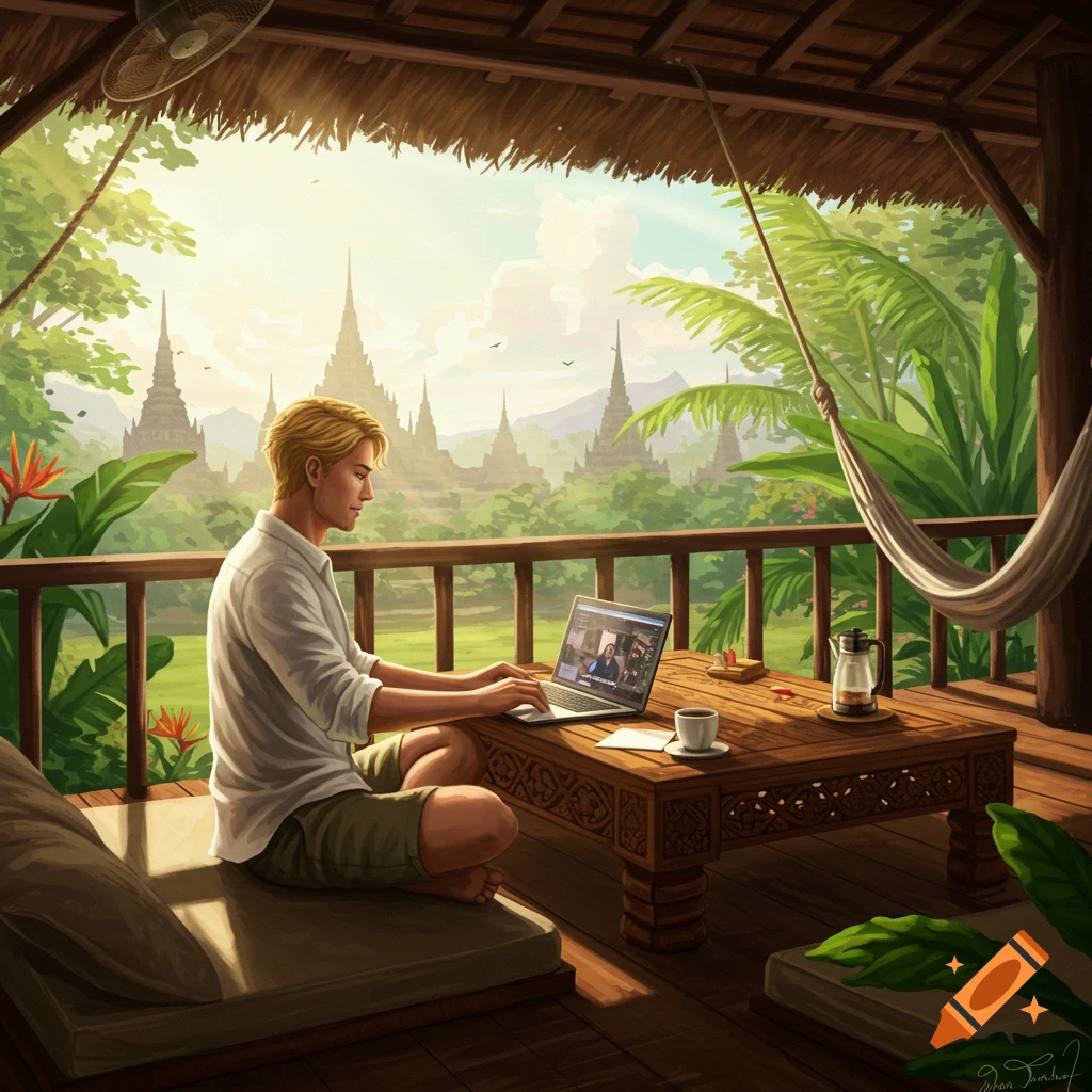 A blonde man sits cross-legged on a wooden deck, using a laptop. Tropical trees and distant Thai temples are visible in the background.