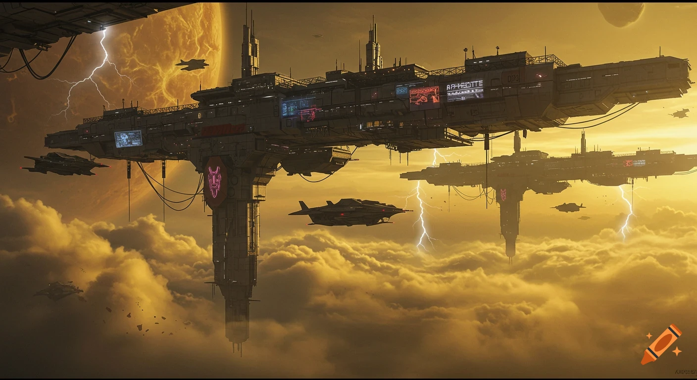 A massive, futuristic spaceport called Aphrodite Anchorage floats above stormy golden-orange clouds on Venus, illuminated by lightning. Spaceships fly around the detailed station, with a large, distant planet in the sky, in an epic cinematic concept art style.