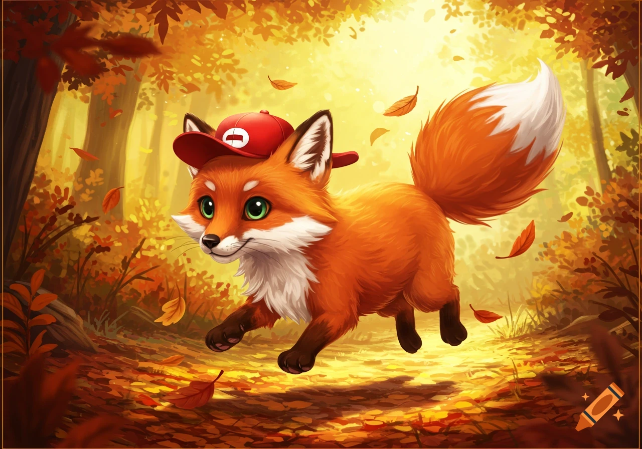 A cute, fluffy orange and white fox with green eyes wears a red cap, running through a vibrant autumn forest with falling leaves in a cartoon style.
