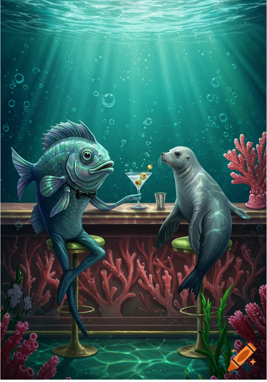 An anthropomorphic fish in a bowtie sips a martini at an underwater bar with a seal.