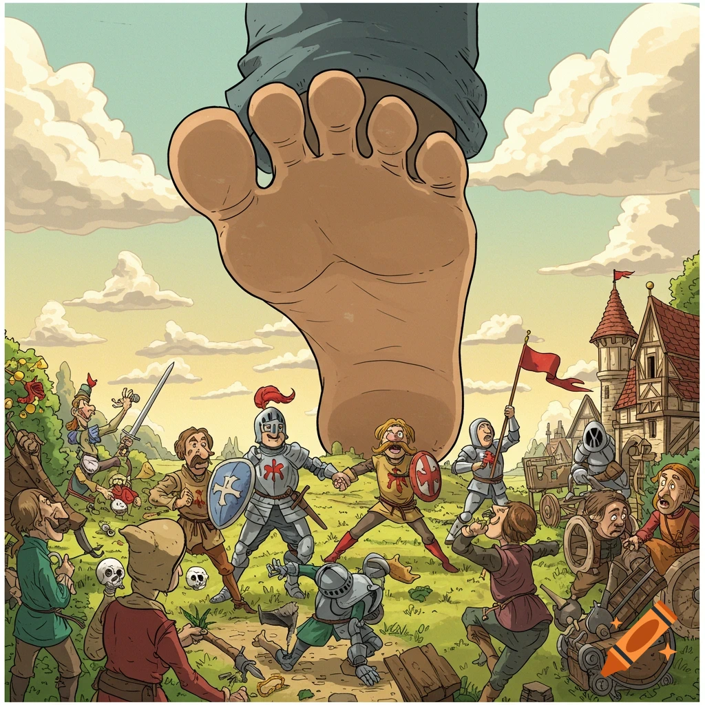 Humorous cartoon of a giant foot descending upon a chaotic medieval village with knights, peasants, and a castle.