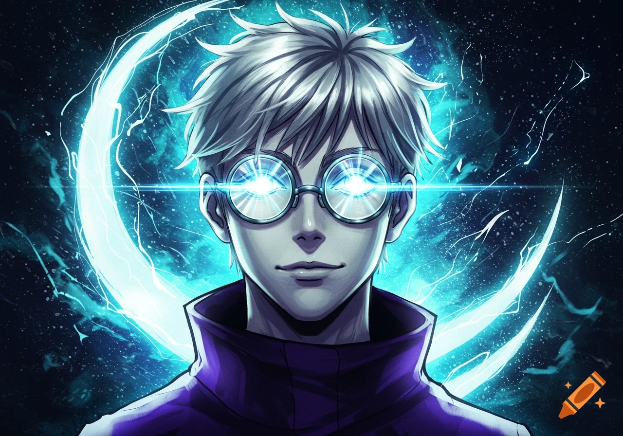 Anime character Satoru Gojo with white hair, glowing blue eyes in circular glasses, set against a dark, starry background with bright blue energy.